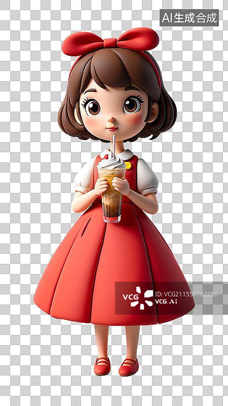 【AI数字艺术】3D渲染卡通人物，夏天喝冷饮的小女孩，柠檬茶，奶茶，免抠元素图片素材