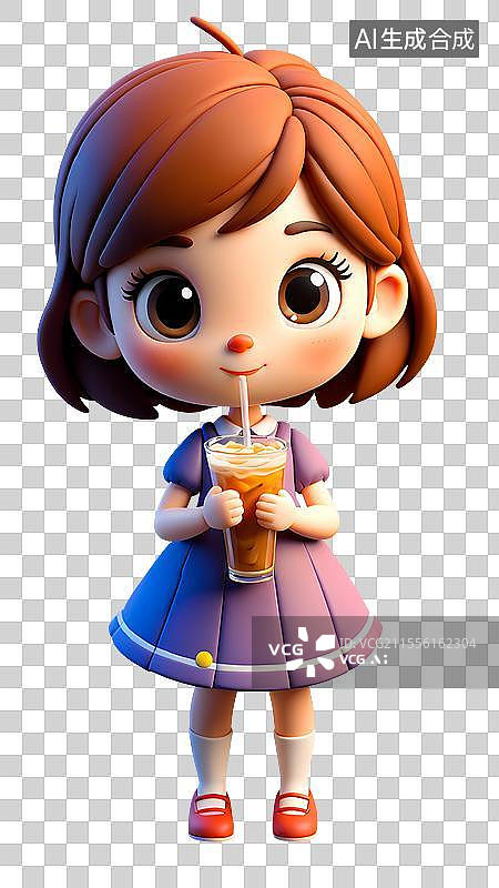 【AI数字艺术】3D渲染卡通人物，夏天喝冷饮的小女孩，柠檬茶，奶茶，免抠元素图片素材