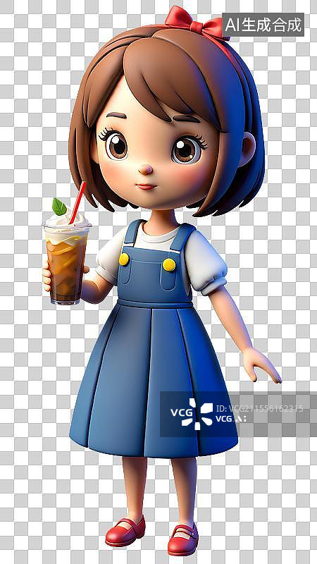 【AI数字艺术】3D渲染卡通人物，夏天喝冷饮的小女孩，柠檬茶，奶茶，免抠元素图片素材