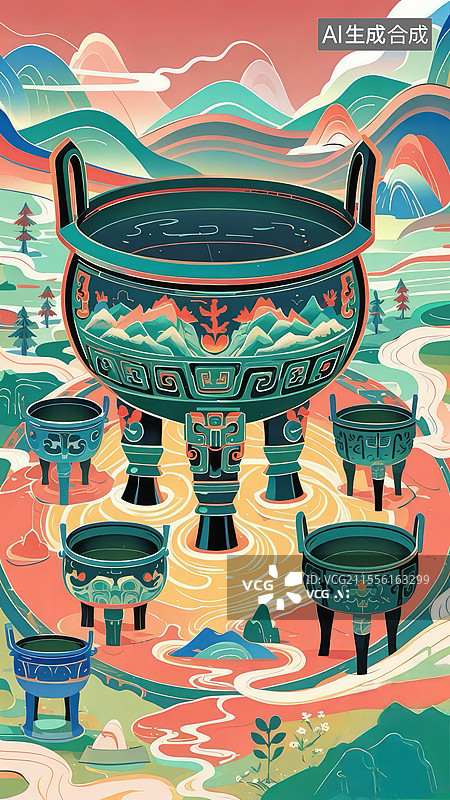 【AI数字艺术】青铜鼎手绘插画：九宫格山河与地脉能量的中国古董艺术图片素材