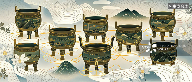 【AI数字艺术】青铜鼎手绘插画：九宫格山河与地脉能量的中国古董艺术图片素材