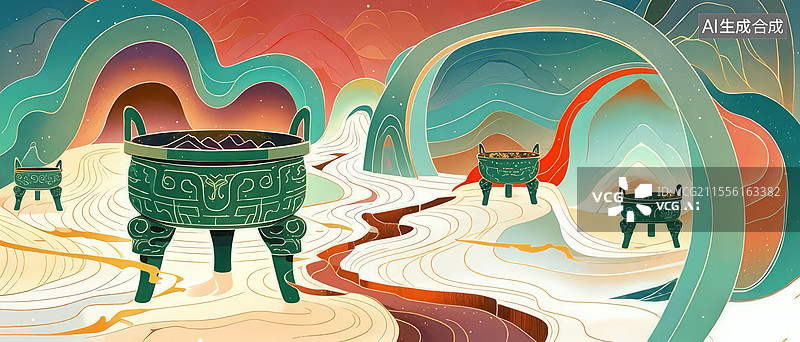 【AI数字艺术】青铜鼎手绘插画：九宫格山河与地脉能量的中国古董艺术图片素材