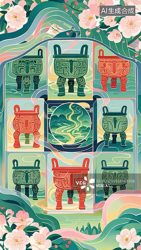 【AI数字艺术】青铜鼎手绘插画：九宫格山河与地脉能量的中国古董艺术图片素材