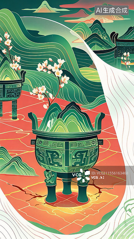 【AI数字艺术】青铜鼎手绘插画：九宫格山河与地脉能量的中国古董艺术图片素材