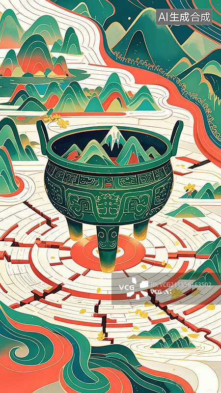 【AI数字艺术】青铜鼎手绘插画：九宫格山河与地脉能量的中国古董艺术图片素材