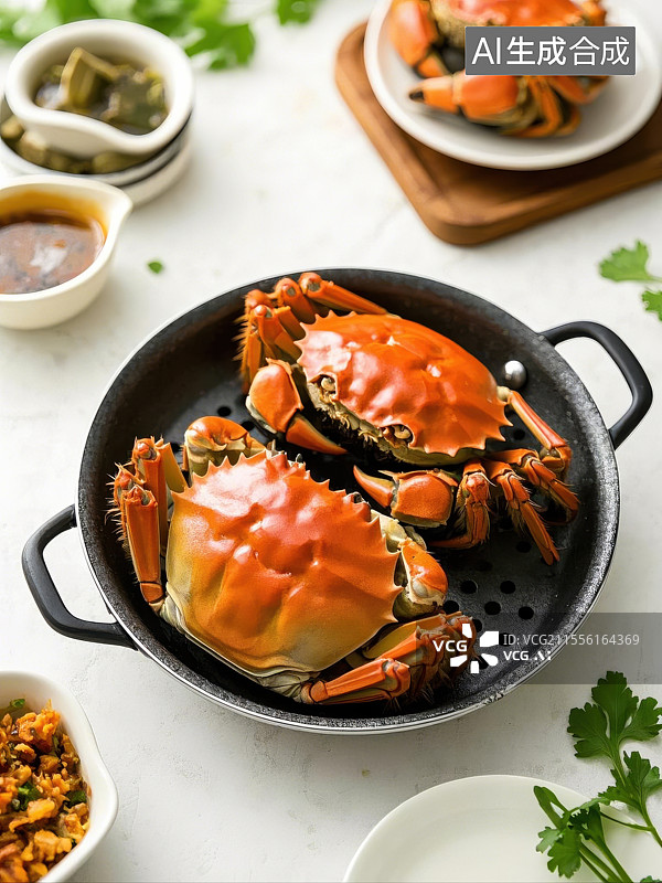 【AI数字艺术】热气腾腾：锅中清蒸大闸蟹图片素材