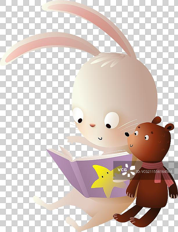 兔子和泰迪熊在看书的卡通画图片素材