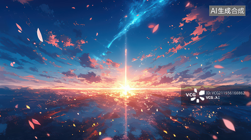 【AI数字艺术】动漫风格日落与樱花图片素材