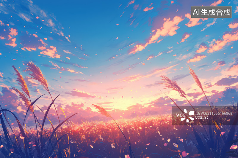 【AI数字艺术】动漫风格日落与樱花图片素材