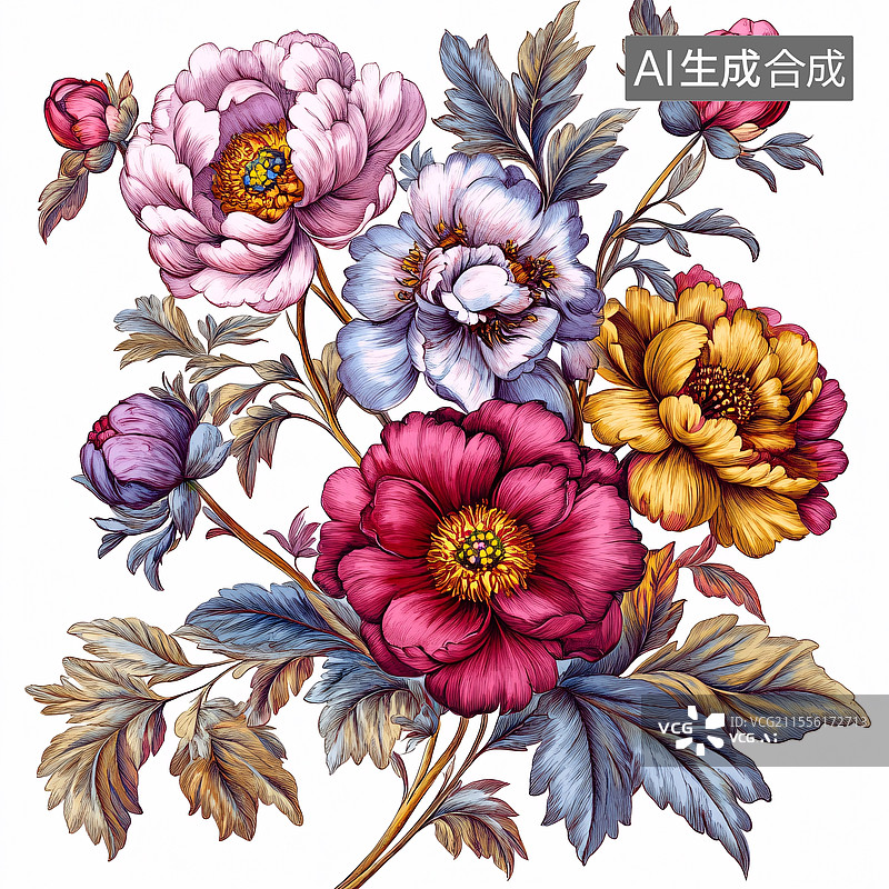 【AI数字艺术】绣花花卉插画图片素材
