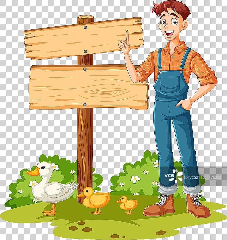 快乐的农民指着一块空白的木牌图片素材