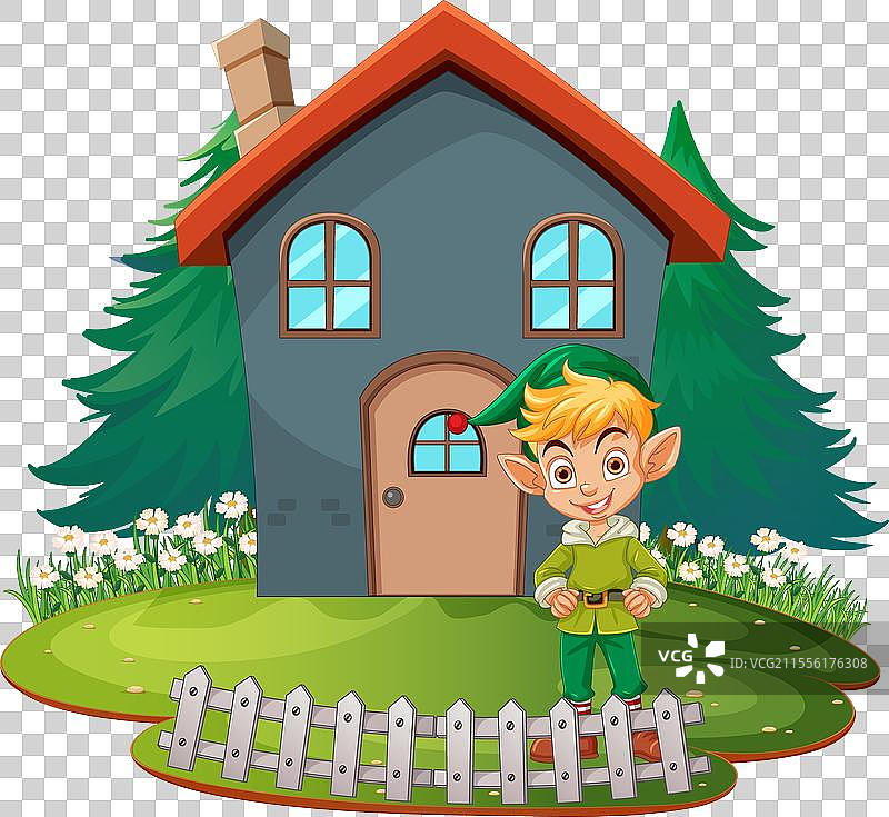 快乐的精灵站在一个奇幻的房子旁边图片素材