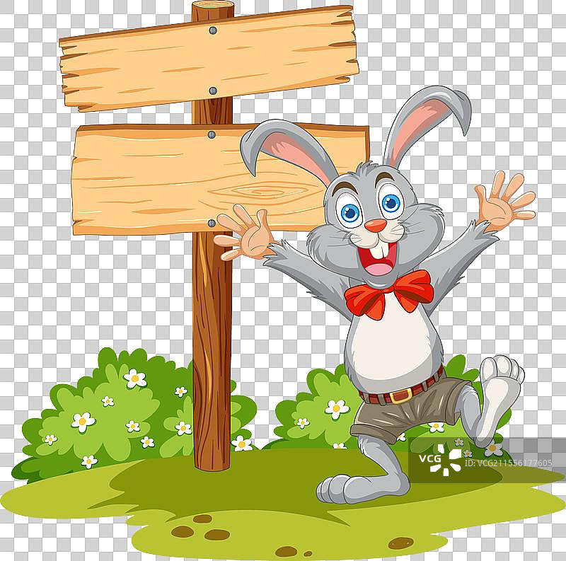 快乐的卡通兔子站在路标旁边图片素材