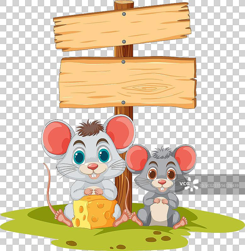 两个卡通老鼠坐在空白的指示牌旁边图片素材