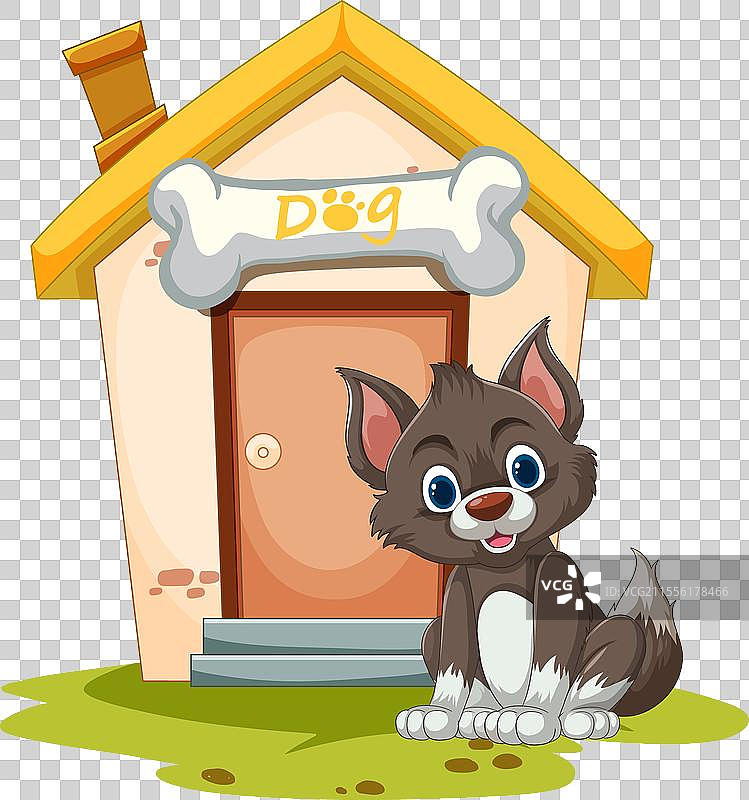 快乐的卡通小狗坐在它的狗屋旁边图片素材