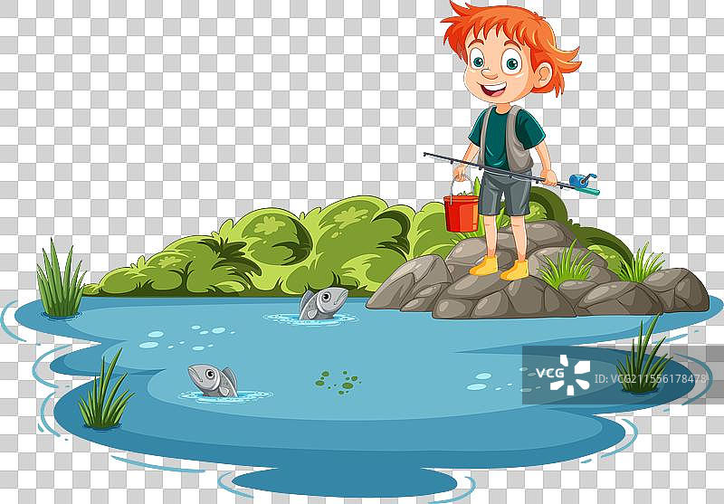 一个快乐的小男孩在宁静的池塘边钓鱼图片素材