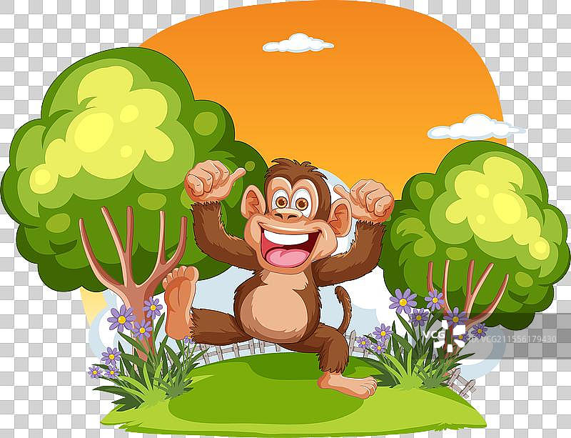 快乐的猴子在阳光明媚的公园里张开双臂图片素材