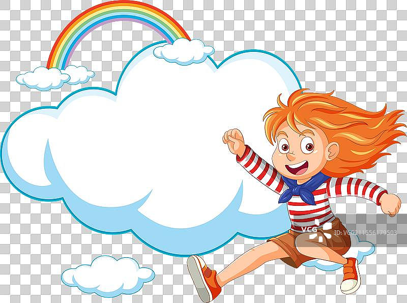 快乐的卡通小孩在彩虹旁跳跃图片素材