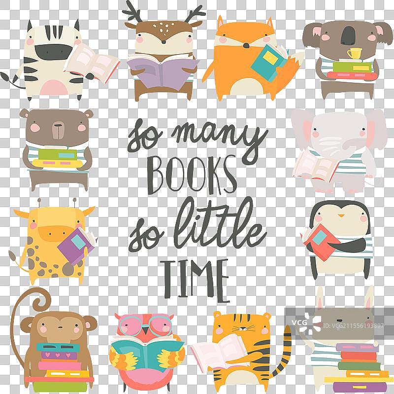 可爱动物在白色背景上阅读书籍图片素材