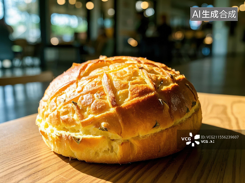 【AI数字艺术】木桌上的美味圆菠萝包面包图片素材
