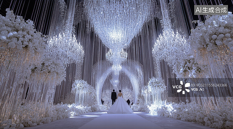 【AI数字艺术】一对新人在华丽的婚礼场景中。新娘穿着长长的白色婚纱，新郎穿着黑色西装，两人背对着镜头。图片素材