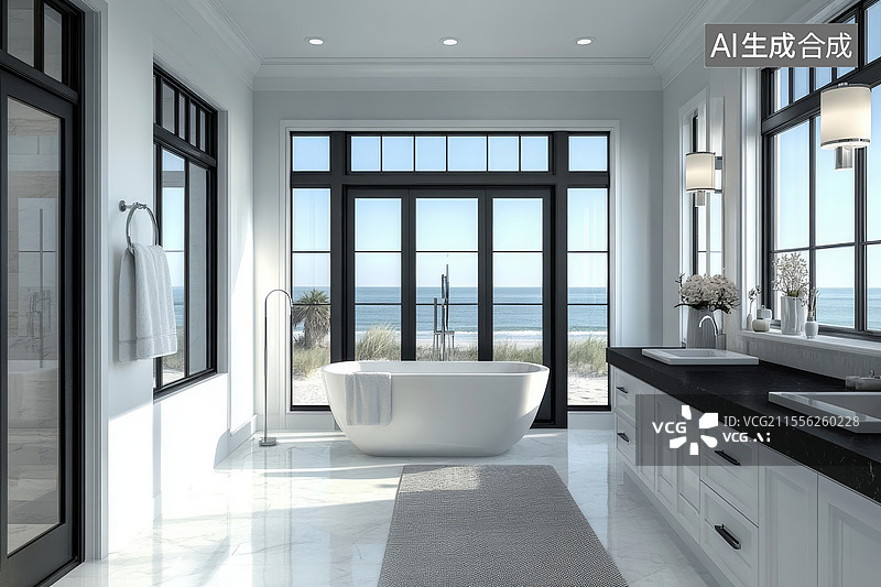 【AI数字艺术】现代化的洗手间，配有大窗户、白色浴缸和舒适的洗手台。图片素材