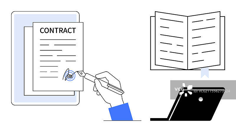 签署合同的手，旁边有一本打开的书和一台笔记本电脑图片素材