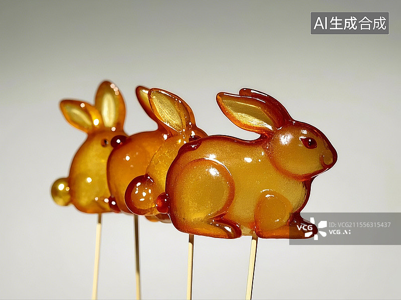 【AI数字艺术】纯色背景下的一串糖画兔子特写图片素材