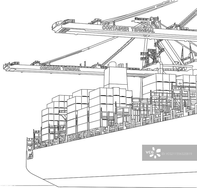 集装箱船和港口起重机的线条艺术图片素材
