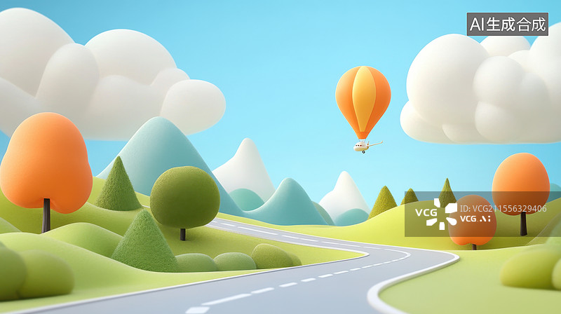 【AI数字艺术】3D卡通户外露营公路背景图片素材