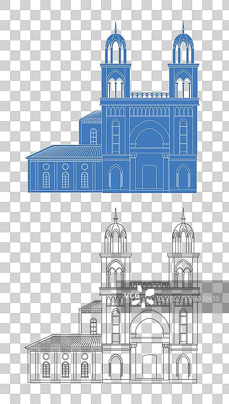 城市地标建筑剪影剪纸风格线条矢量插画—嘉兴市天主教堂图片素材