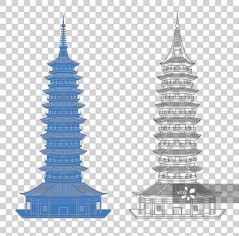 城市地标建筑剪影剪纸风格线条矢量插画—金华万佛塔图片素材