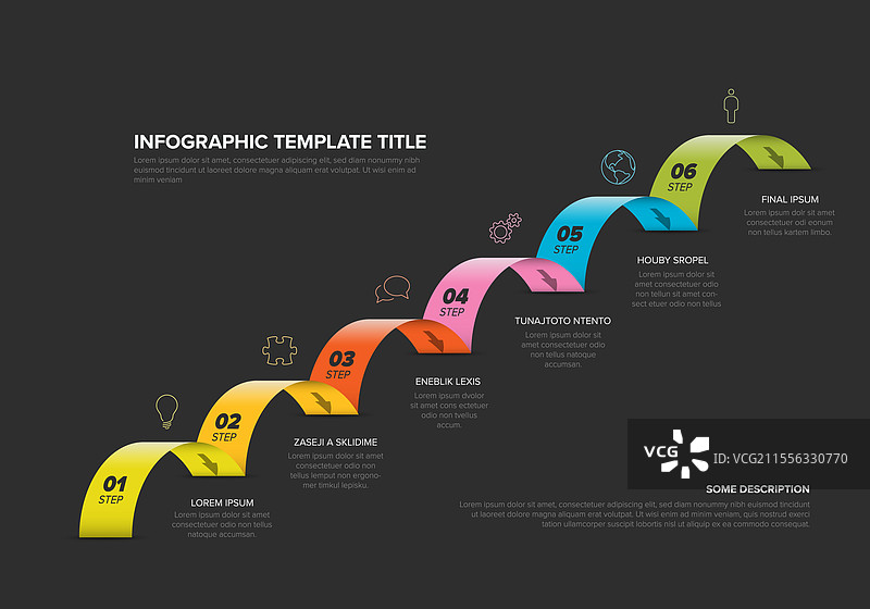 深色背景上的六步彩色信息图模板图片素材