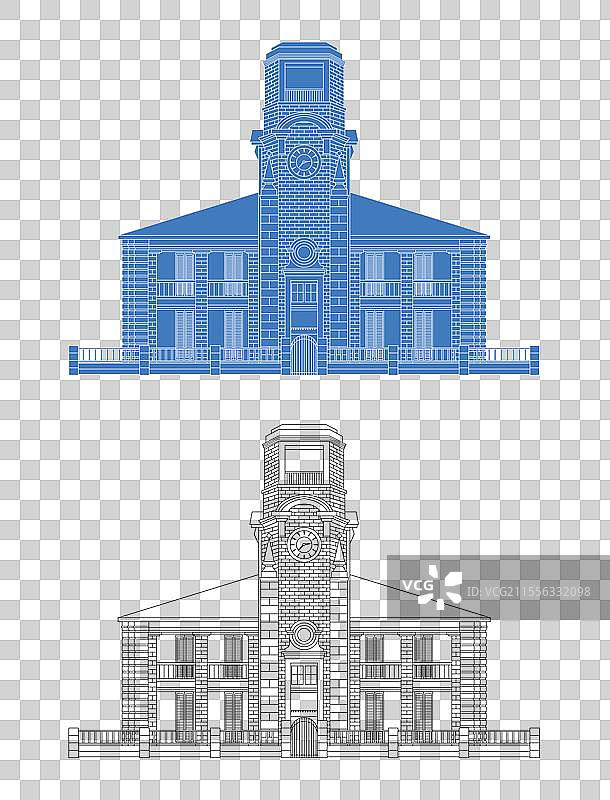 城市地标建筑剪影剪纸风格线条矢量插画—芜湖 老芜湖海关图片素材