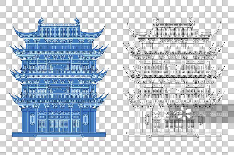 城市地标建筑剪影剪纸风格线条矢量插画—宜昌 镇江阁图片素材