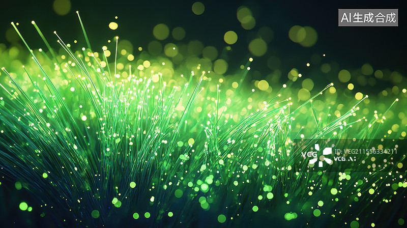 【AI数字艺术】光纤在绿色背景上的动态效果图片素材