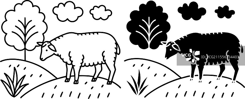 两只羊在草地上吃草，背景是山丘、树木和云朵。图片素材