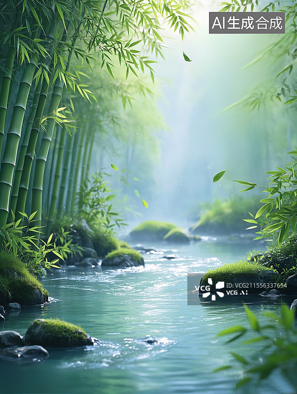 【AI数字艺术】新中式竹子溪水场景图片素材