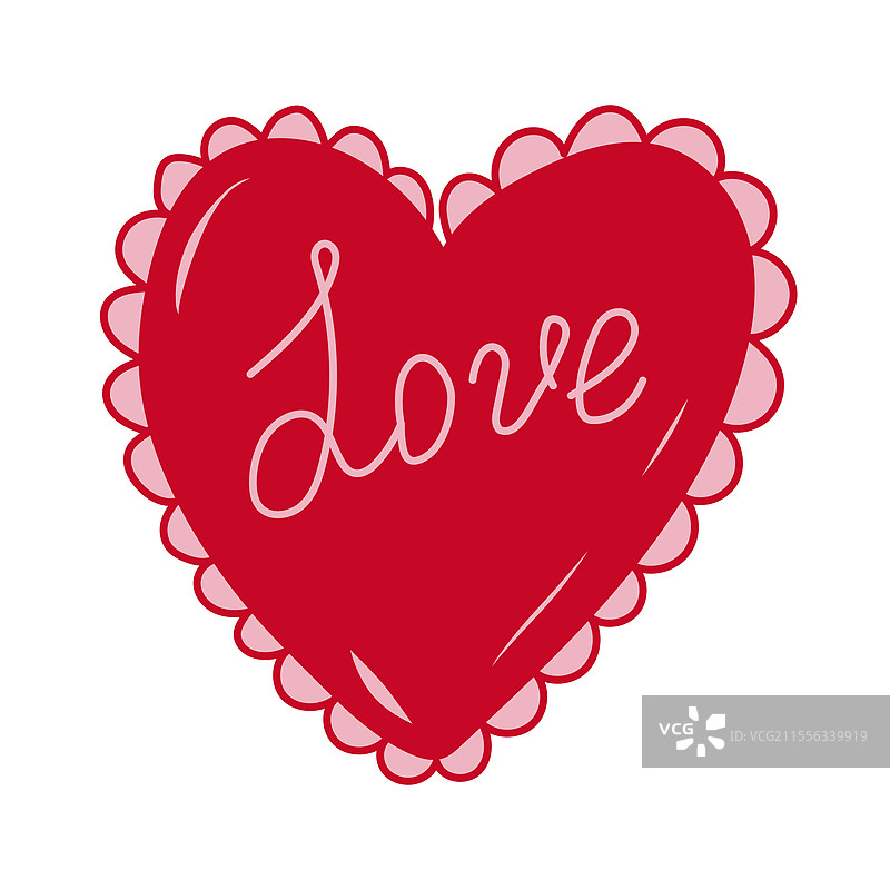装饰性的红色心形，上面用草写体写着“爱”图片素材
