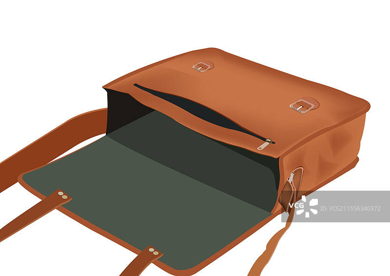 打开的空皮革邮差包，孤立在白色背景上图片素材