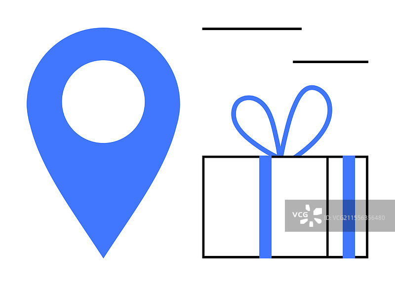 蓝色地图图钉旁边放着一个包裹好的礼物盒图片素材