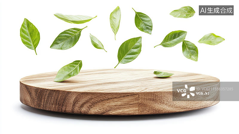 【AI数字艺术】木质砧板上的飞舞绿叶图片素材