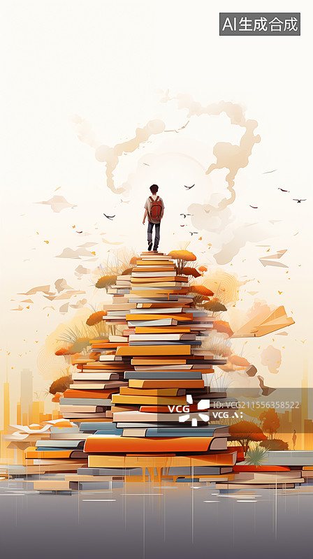 【AI数字艺术】高考考生站在书做的高塔上图片素材