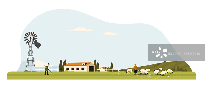 田园诗般的农场风景，农民们正在放牧羊群图片素材