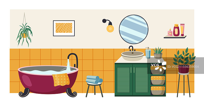 卡通浴室内部，配有镜子和浴缸图片素材