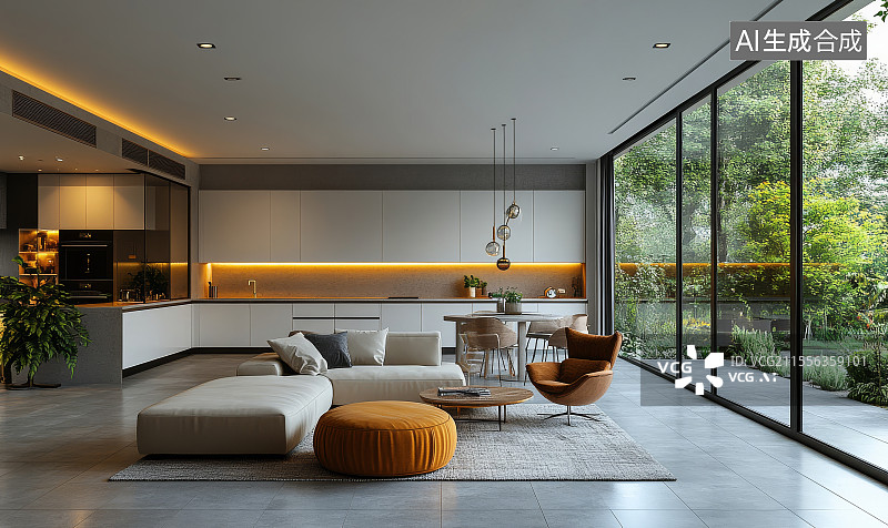 【AI数字艺术】大落地窗观景客厅室内场景图片素材