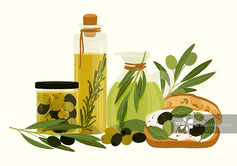 装有橄榄油的玻璃瓶和迷迭香罐图片素材