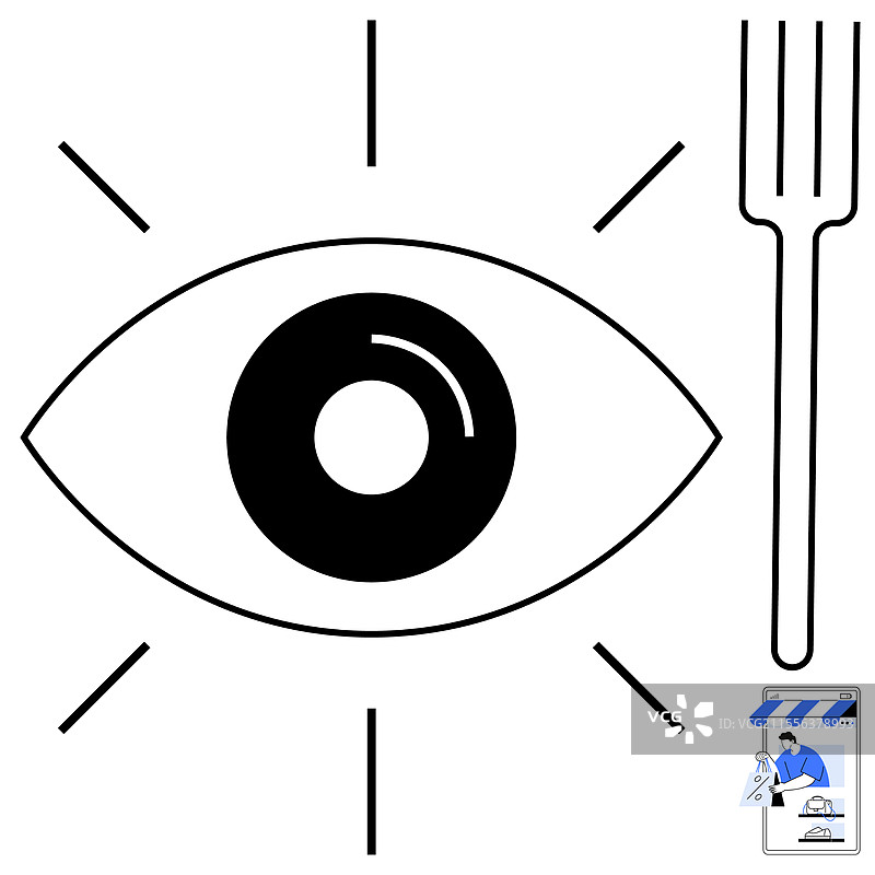 眼睛与放射线，叉子和厨师在准备食物图片素材