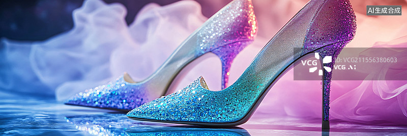 【AI数字艺术】一双彩色高跟鞋展示在简约背景下，留白充足，突出了鞋类的时尚、优雅与鲜艳风格。图片素材