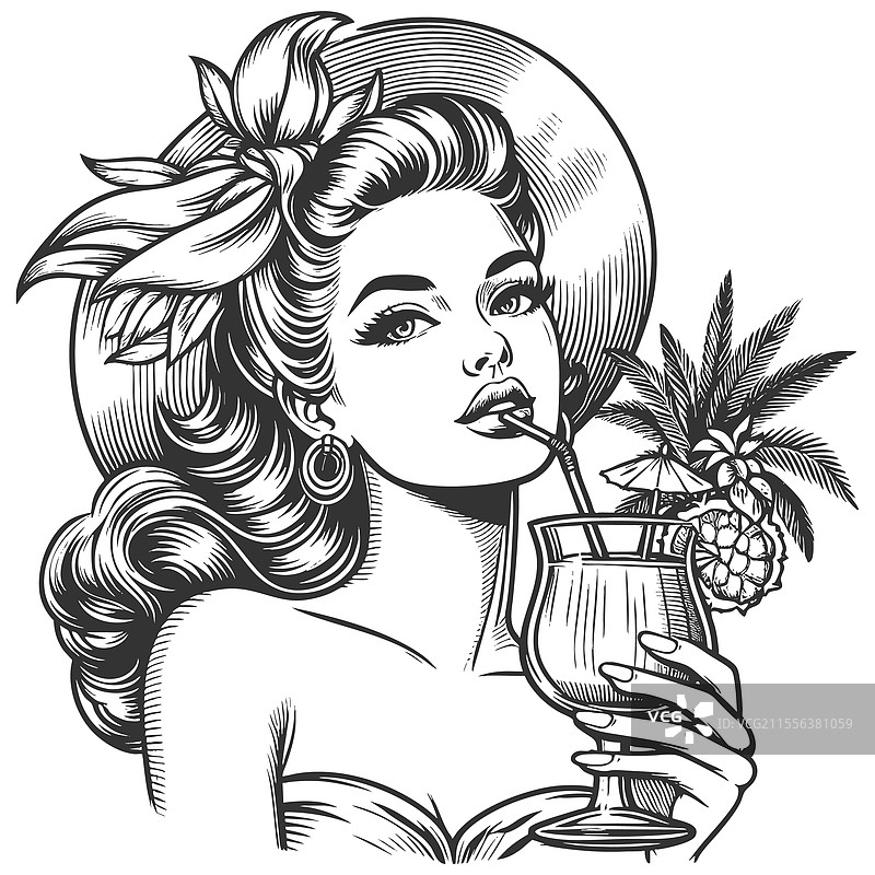 热带女性享受鸡尾酒的雕刻画图片素材